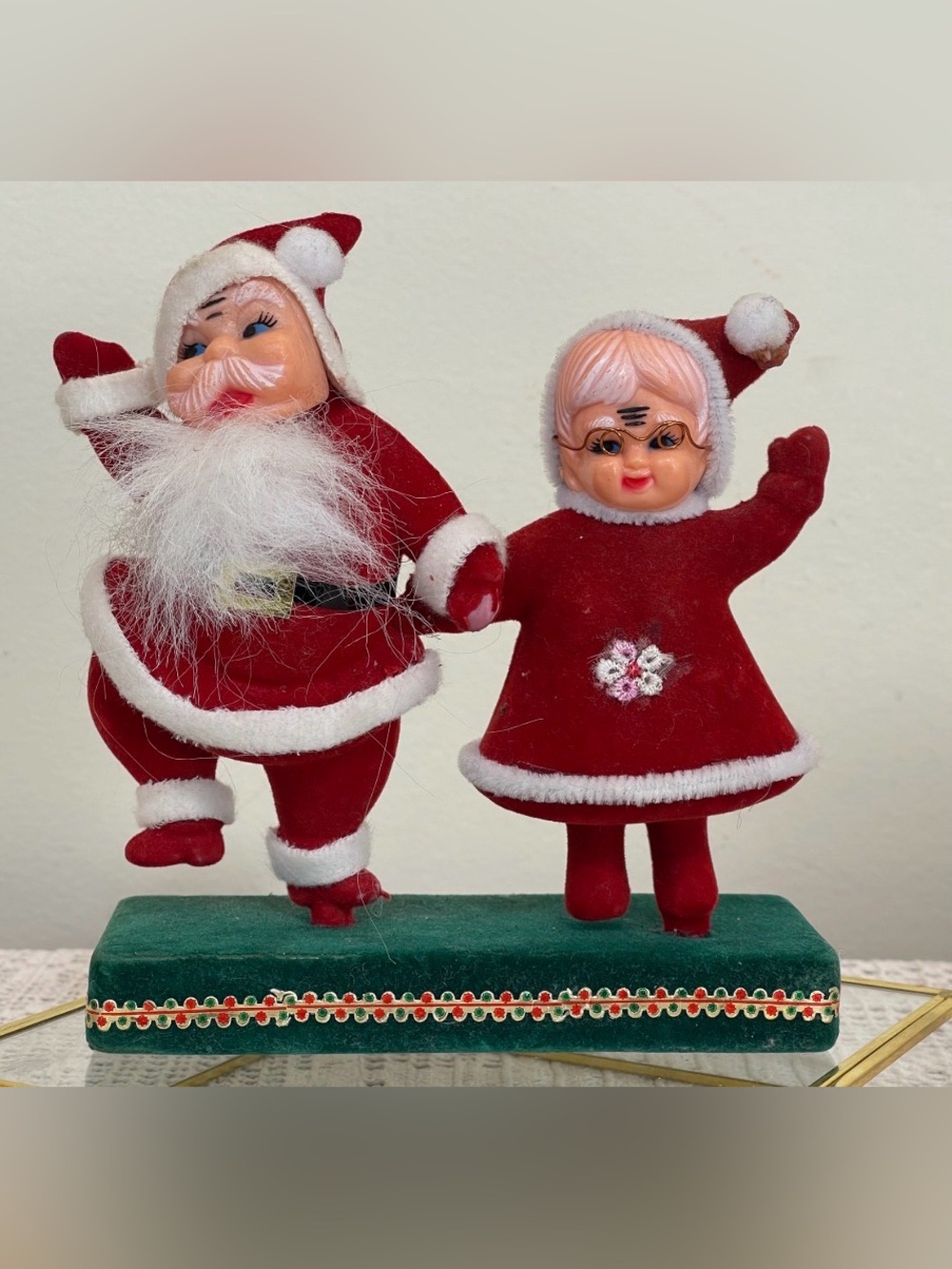 Red Santa and Mrs. Claus Kids Holiday Figurine Set - flocked Christmas figures